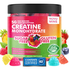 novomins Creatine Gummies bottle with gummies on white, convenient daily supplement