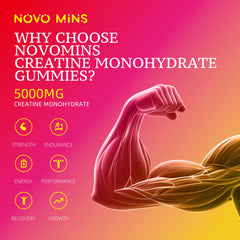 novomins Creatine Gummies in hand demonstrating portable 5g serving