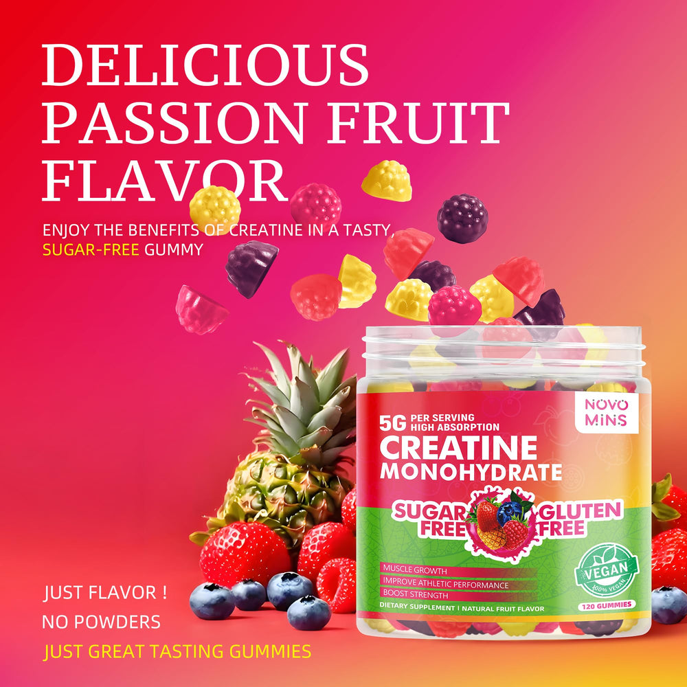 novomins Creatine Gummies packaging label showing vegan and sugar-free formulation