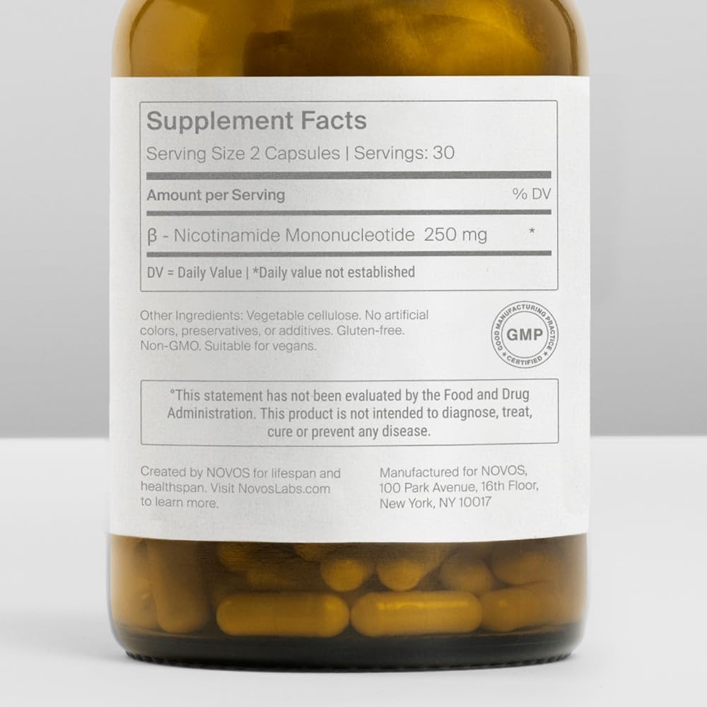 Novos Boost NMN ingredients strip emphasizes high purity.