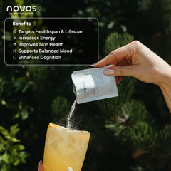 Novos Core bottle and sachet ready for pour during morning routine.