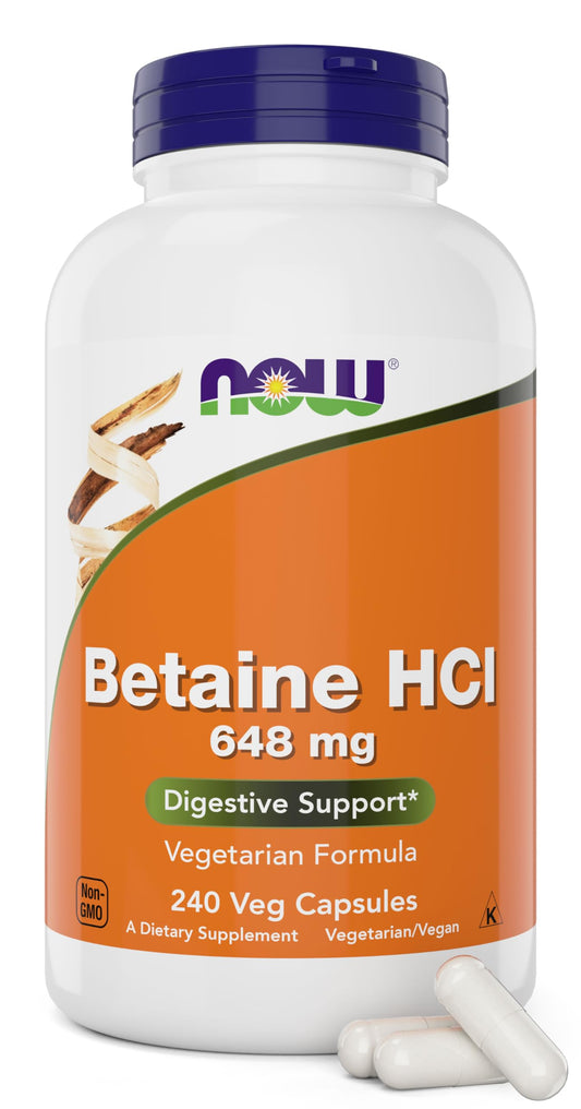 NOW Foods Betaine HCl 648 mg bottle with pepsin for protein digestion support.
