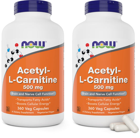 NOW Foods Acetyl L-Carnitine 500mg bottle front for daily energy support.