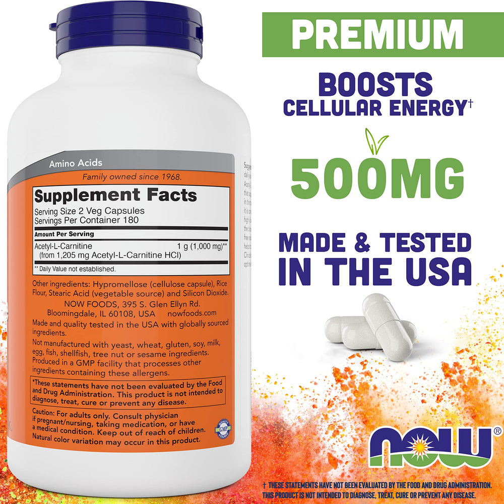 NOW Foods Acetyl L-Carnitine 500mg capsules close-up for easy swallowing.