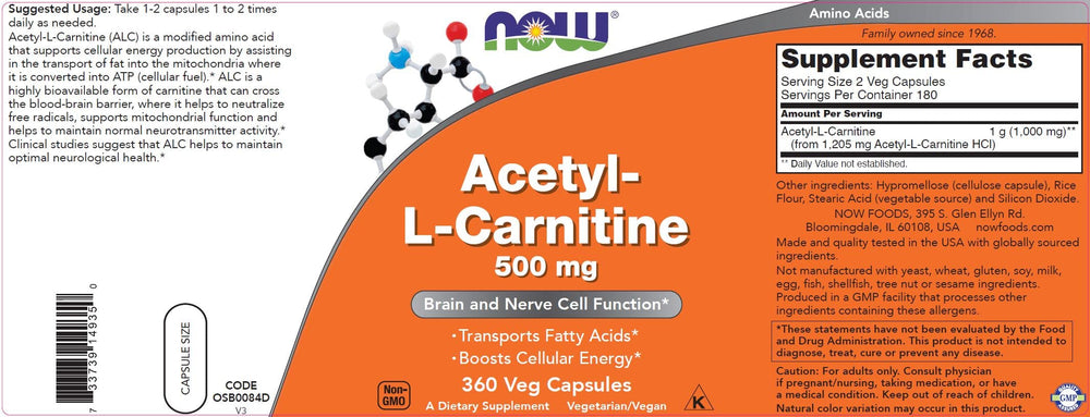 NOW Foods Acetyl L-Carnitine label with nutrition facts showing 1000 mg per serving.