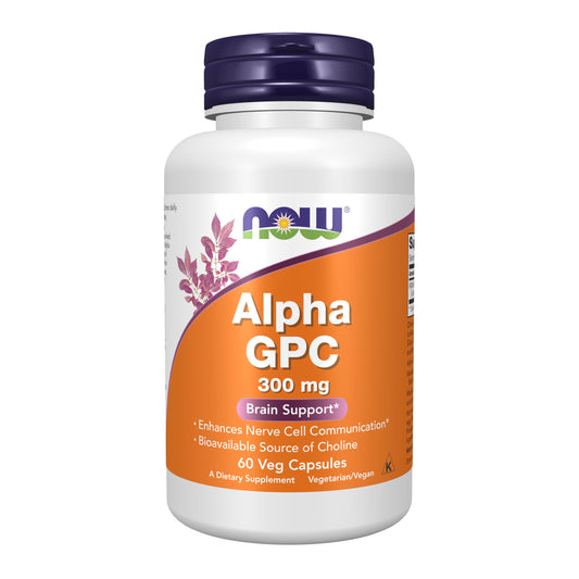 NOW Foods Alpha GPC 300 mg bottle with capsules for mental focus.