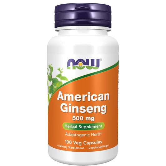 NOW Foods American Ginseng bottle front label; 100 capsules, 500 mg, supports energy and focus