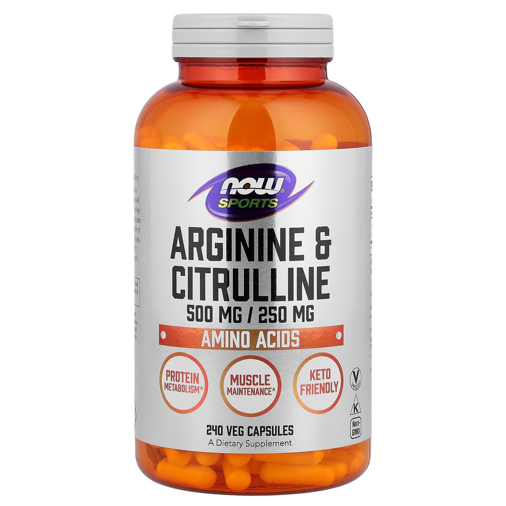 NOW Foods Arginine & Citrulline bottle with capsules for daily amino acid support