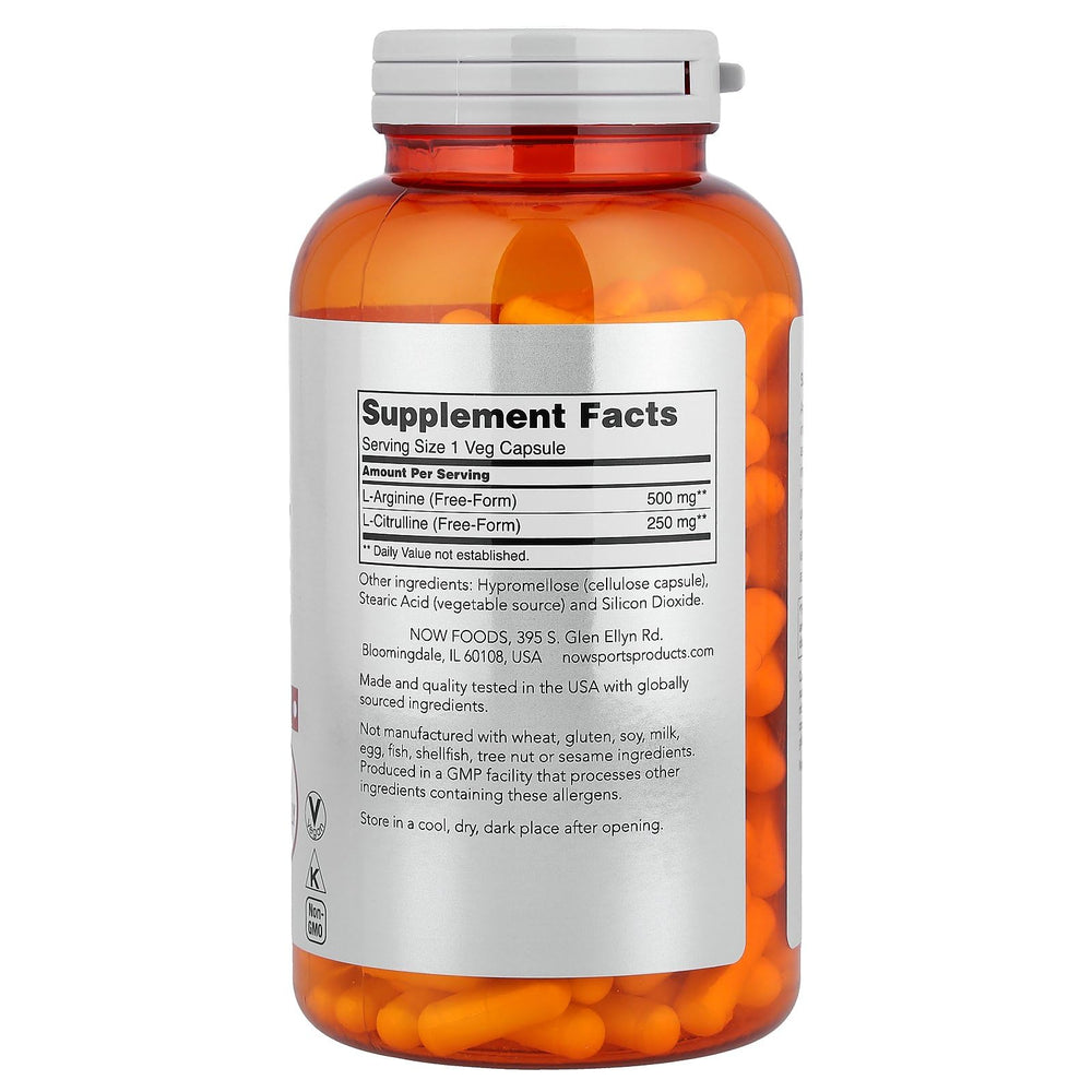 NOW Foods Arginine & Citrulline capsules close-up emphasizing vegan-friendly capsules