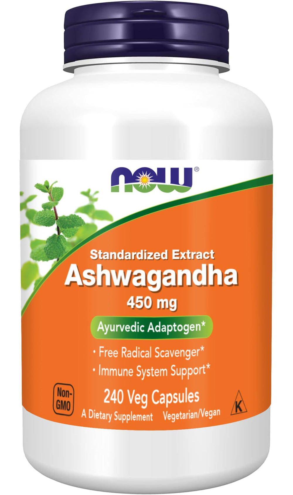 NOW Foods Ashwagandha Extract 450 mg bottle showing standardized extract for daily adaptogen use.