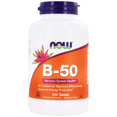 Now Foods B-50 bottle front shows a high-potency B-complex for daily energy metabolism.