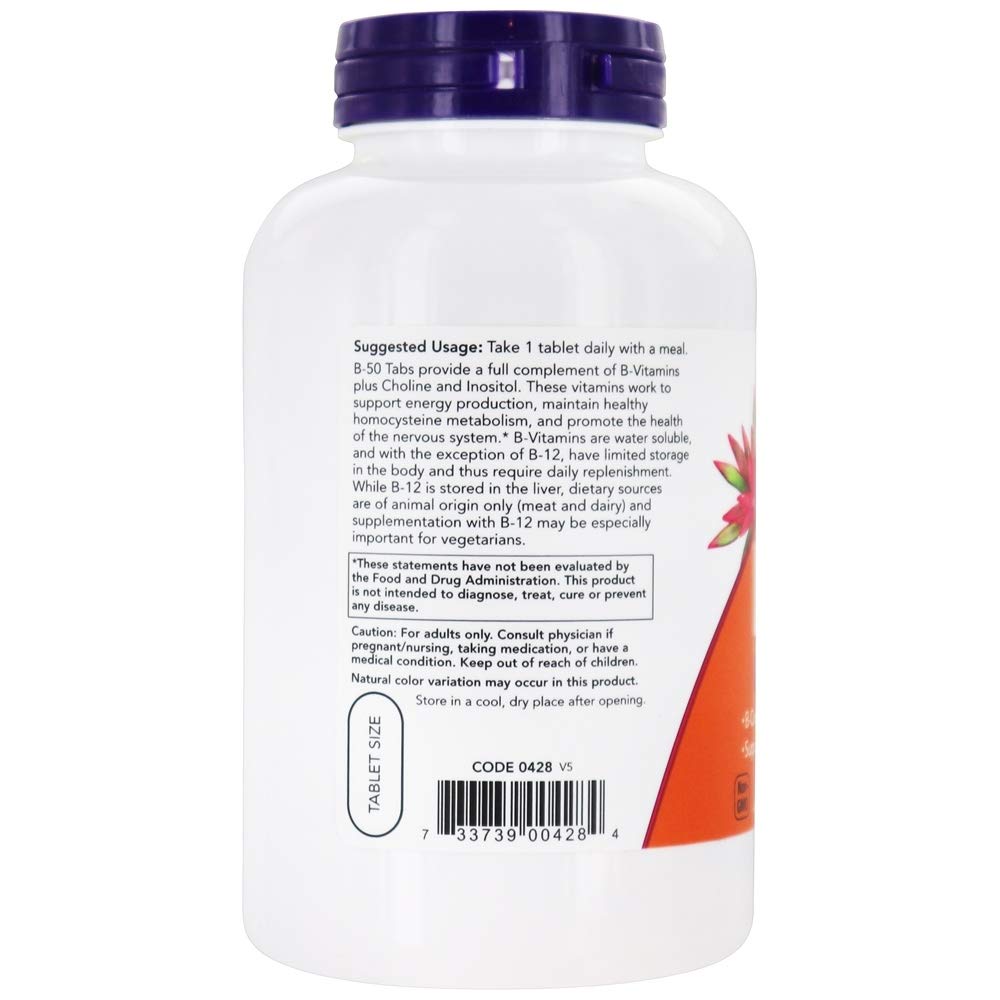 Now Foods B-50 tablets closeup shows the 250-tablet supply and quality.