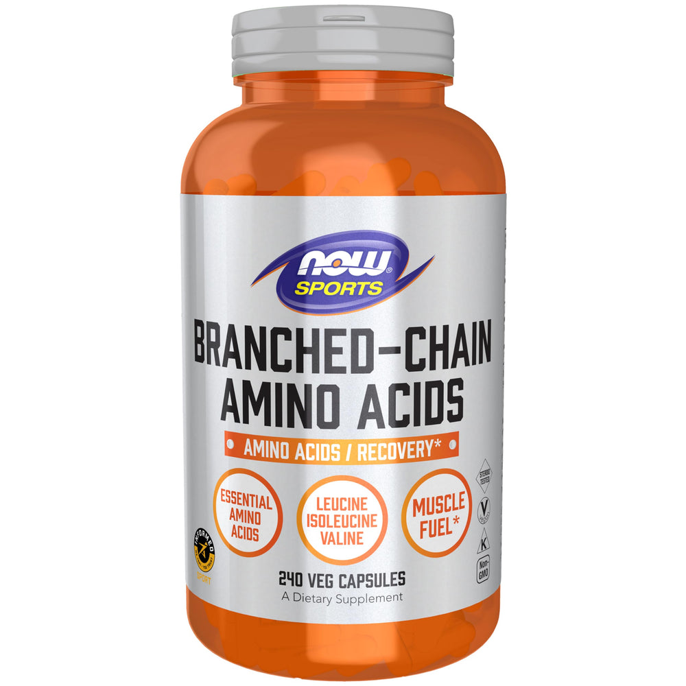 NOW Foods BCAAs bottle front with capsules for daily recovery support.