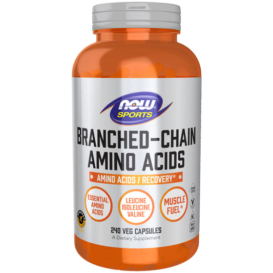 NOW Foods BCAAs bottle front with capsules for daily recovery support.