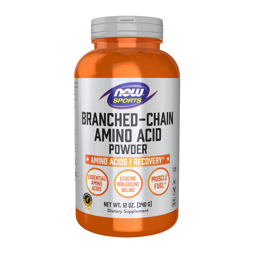 NOW Foods BCAAs powder bottle for convenient pre- or post-workout support