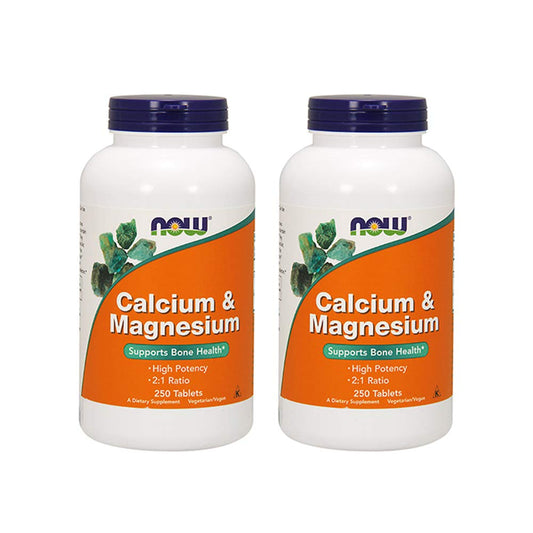 NOW Foods calcium magnesium tablets bottle illustrating bone health support and mineral balance for daily use.