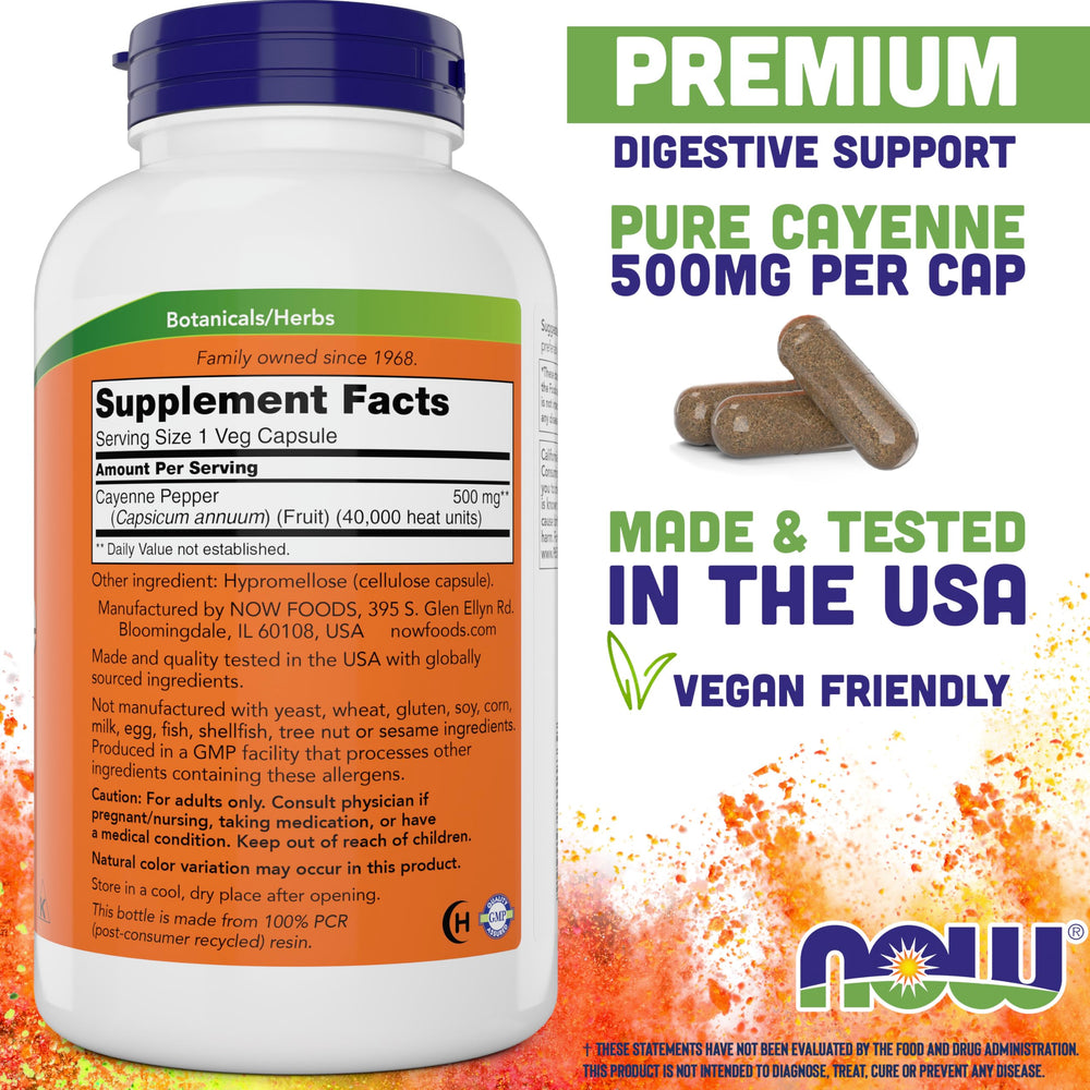 NOW Foods Cayenne 500 mg capsules pack showing vegan capsules for daily wellness
