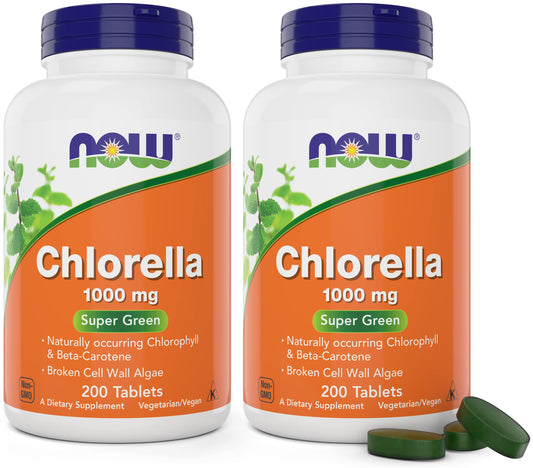 NOW Foods Chlorella 1000 mg tablets bottle front for daily greens