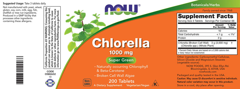 NOW Foods Chlorella badge shows Non-GMO and Vegan for plant-based diets