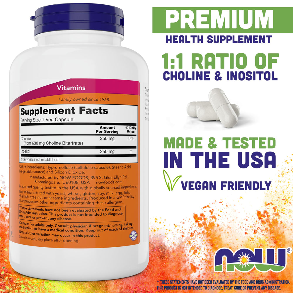 Close-up of NOW Foods Choline Inositol capsules for daily use