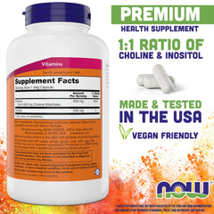 Close-up of NOW Foods Choline Inositol capsules for daily use