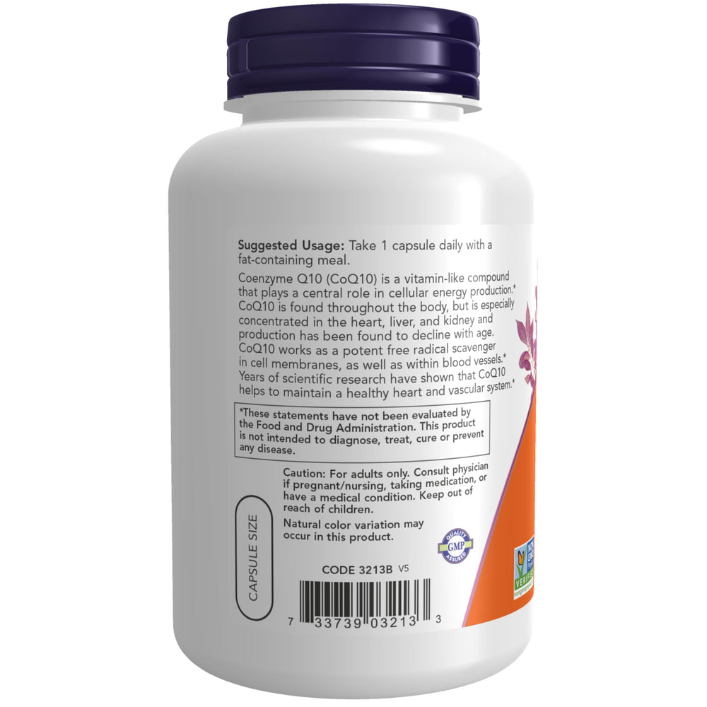 NOW Foods CoQ10 bottle label with vegan and non-GMO certifications displayed
