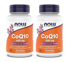 NOW Foods CoQ10 400 mg softgels bottle viewed up close, suggesting daily energy and vascular support.