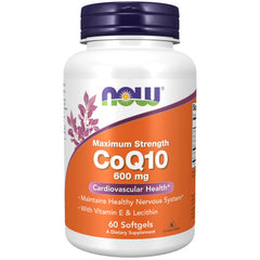 NOW Foods CoQ10 600 mg softgels in packaging for daily energy support