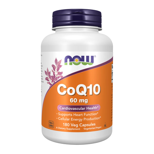 NOW Foods CoQ10 60 mg bottle front showing label for daily use.