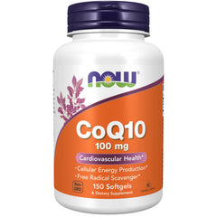 NOW Foods CoQ10 bottle front with 150 softgels for daily energy support