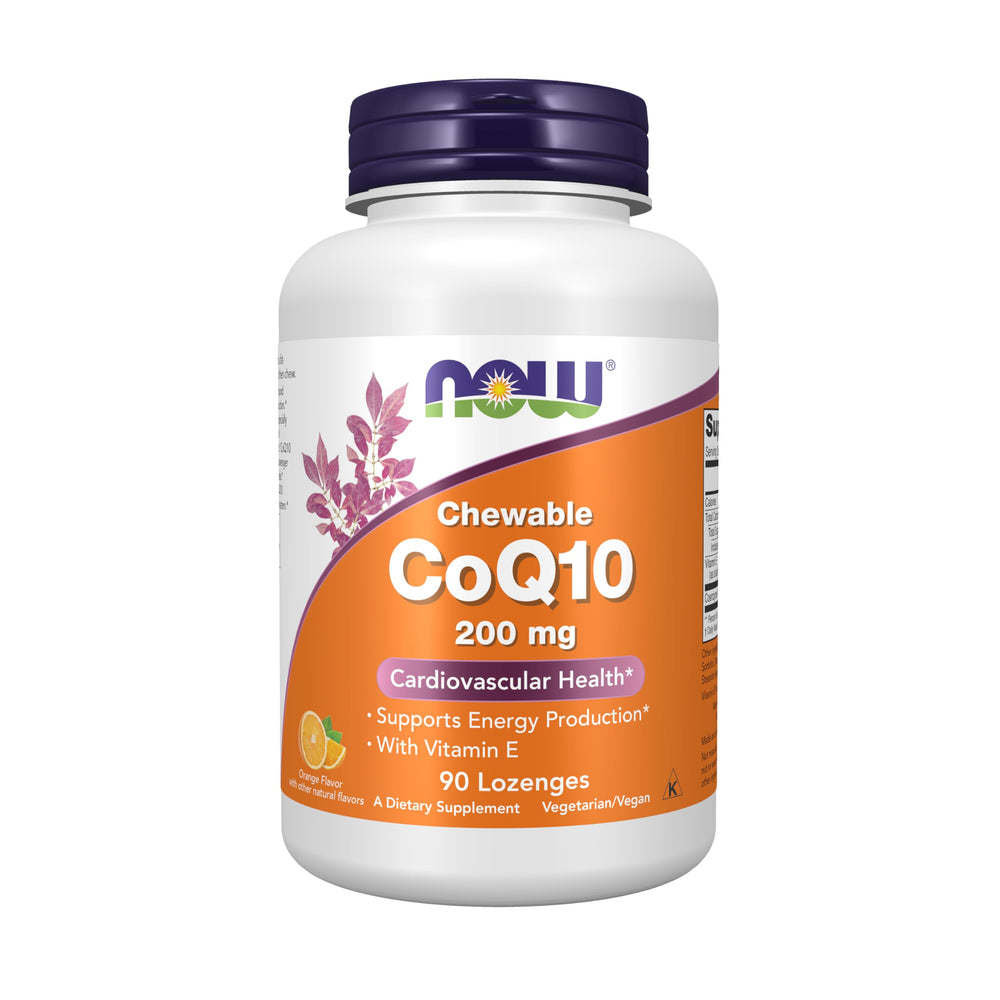 NOW Foods CoQ10 chewable lozenge in amber bottle for daily energy support