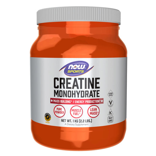 NOW Foods Creatine Monohydrate powder bottle for clean energy support during workouts.