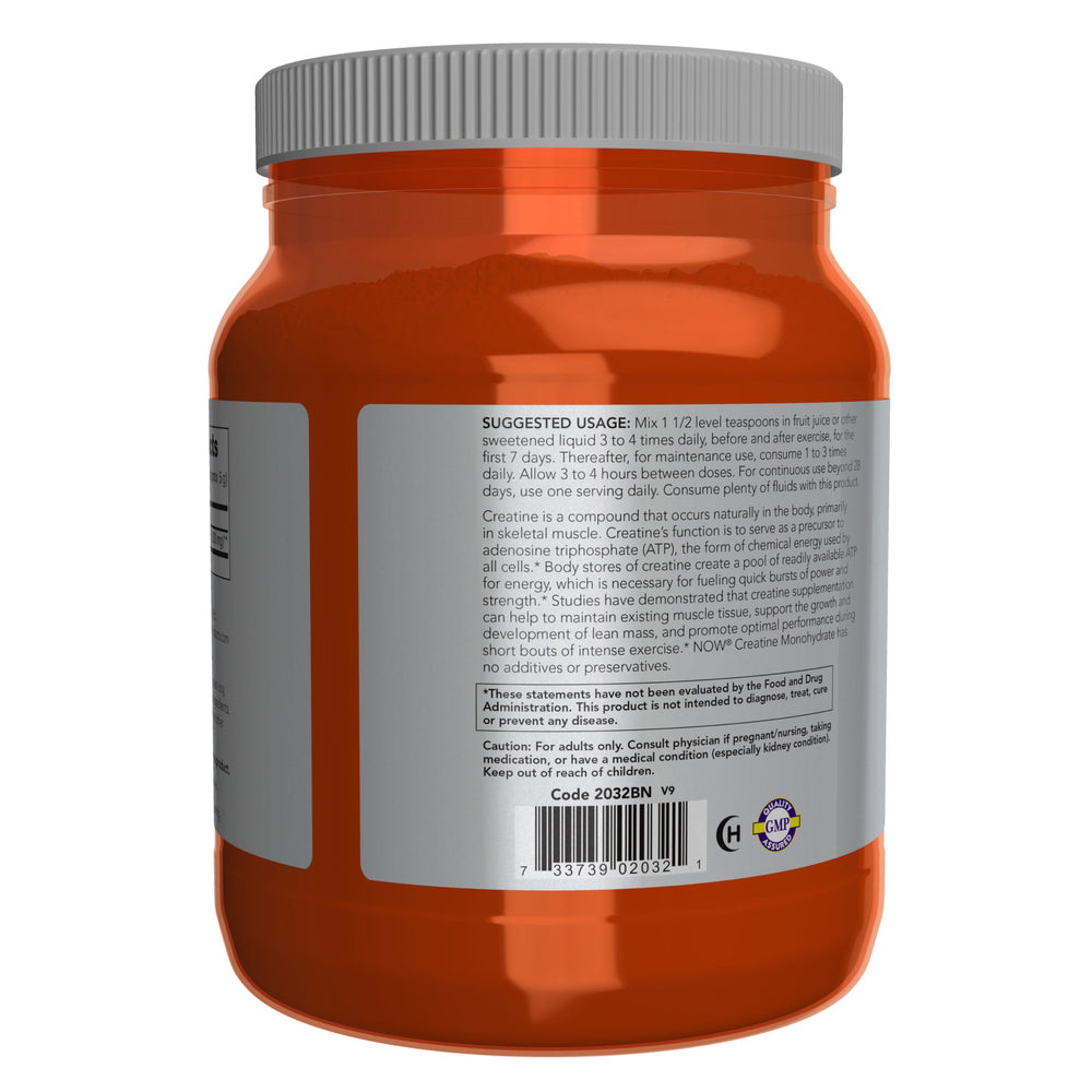 NOW Foods Creatine Monohydrate label shows GMP quality assurance.