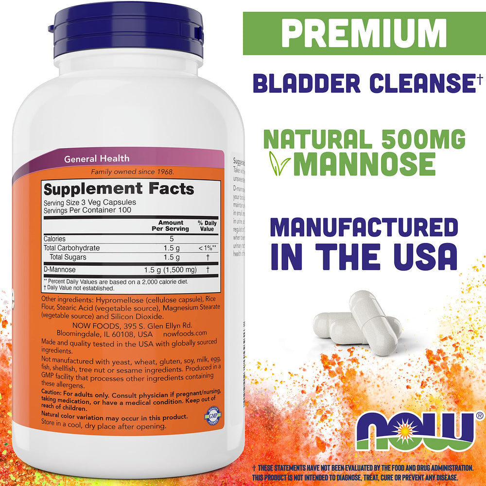 NOW Foods D-Mannose label shows USA-made quality.