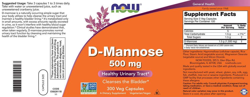 Close-up of NOW D-Mannose 500 mg vegan capsules.