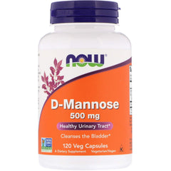 NOW Foods D-Mannose bottle featuring 500mg capsules for urinary tract support