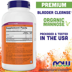 NOW Foods D-Mannose label and packaging highlighting pure organic formula