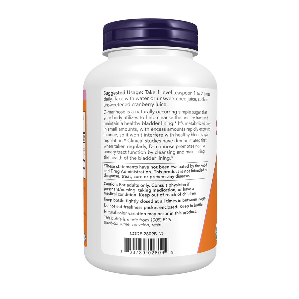 NOW Foods D-Mannose powder label showing Non-GMO Project Verified status.