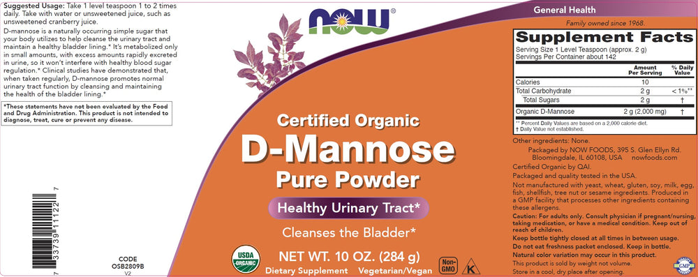 NOW Foods D-Mannose powder scoop with level teaspoon for precise daily dosing