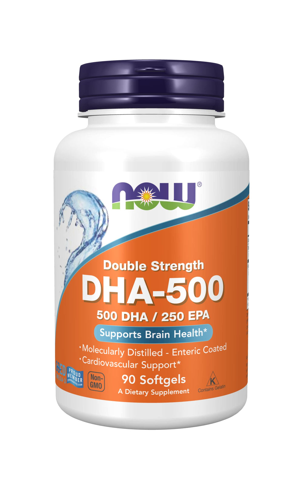 NOW Foods DHA-500 bottle and softgels with enteric coating for easier tolerance