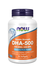 NOW Foods DHA-500 bottle and softgels with enteric coating for easier tolerance