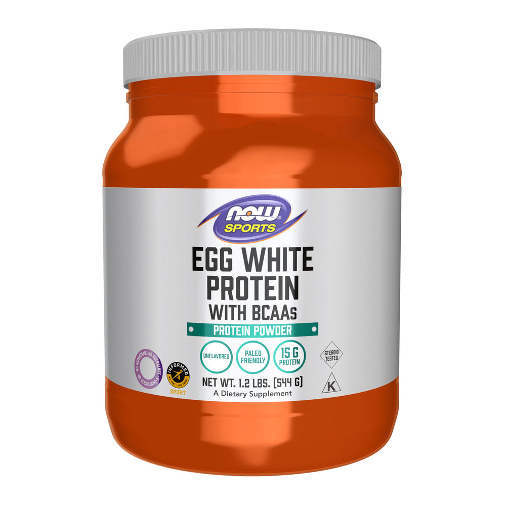 NOW Foods Egg White Protein bottle cap close-up showing pure, trusted branding