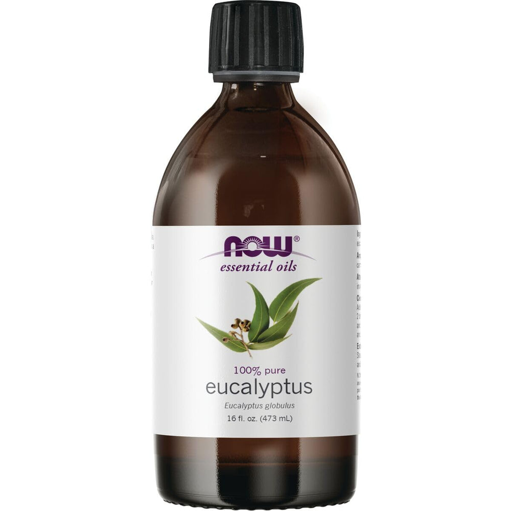 NOW Foods eucalyptus essential oil bottle closeup for aromatherapy and purity