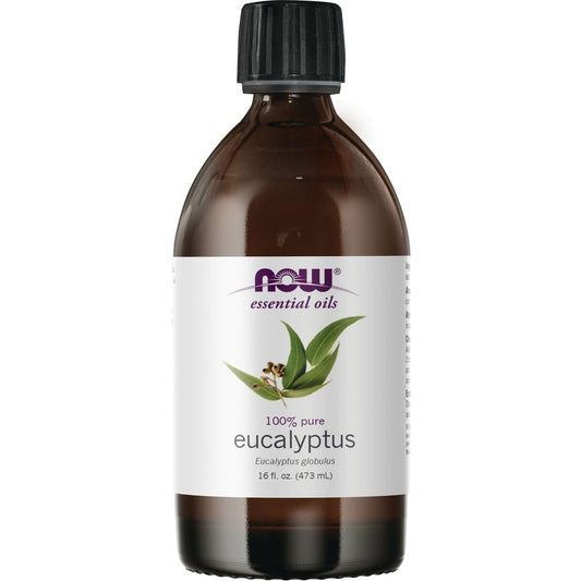 NOW Foods eucalyptus essential oil bottle closeup for aromatherapy and purity