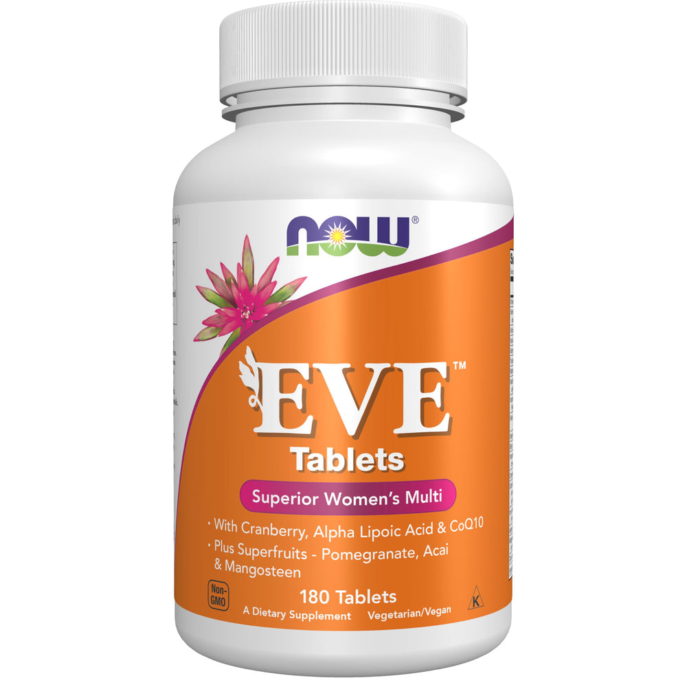 NOW Foods Eve women's multivitamin bottle highlighting cranberry blend for daily vitality.
