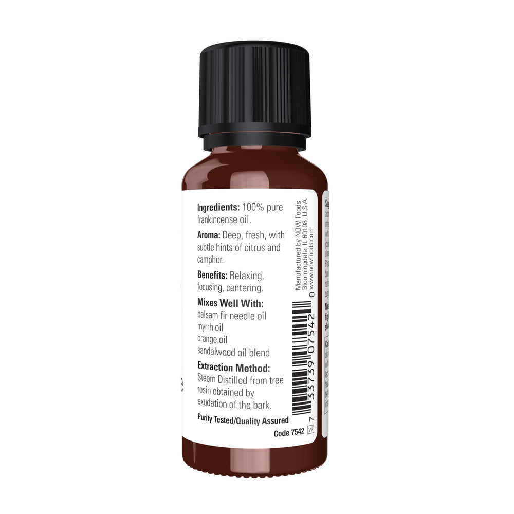 NOW Foods Frankincense oil amber glass close-up highlights pure steam-distilled extract.