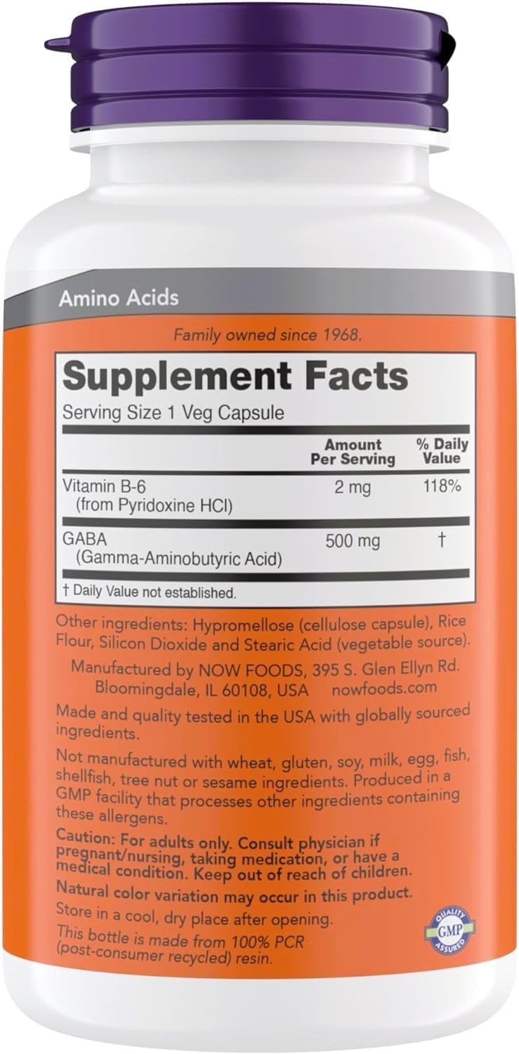 NOW Foods GABA 500 mg capsules label close-up, convenient dosing information