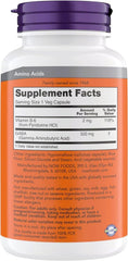 NOW Foods GABA 500 mg capsules label close-up, convenient dosing information