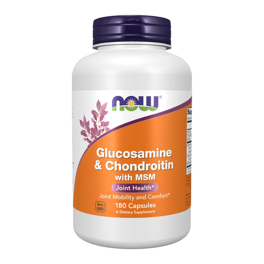 NOW Foods Glucosamine-Chondroitin-MSM bottle promoting joint support on the go