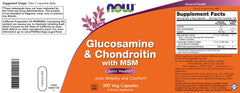 NOW Foods Glucosamine-Chondroitin with MSM packaging shows USA-made, family-owned heritage.